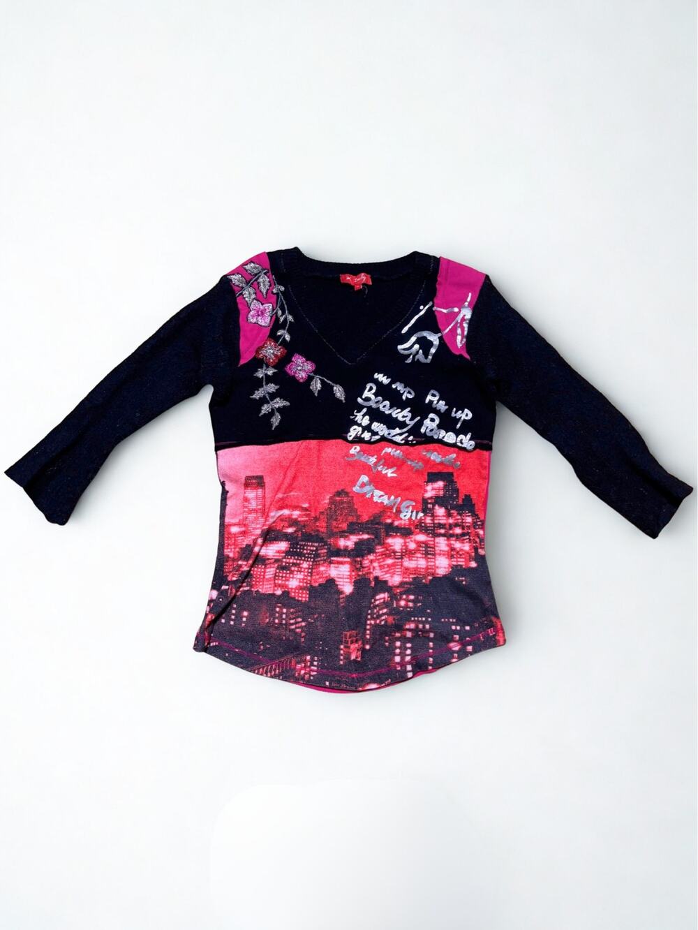 Vtg Y2K Derhy Black Pink V Neck Wool 3/4 Sleeve Graphic Print Sweater Euro